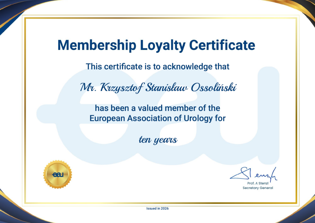 Certyfikat przynależności do organizacji urologicznej