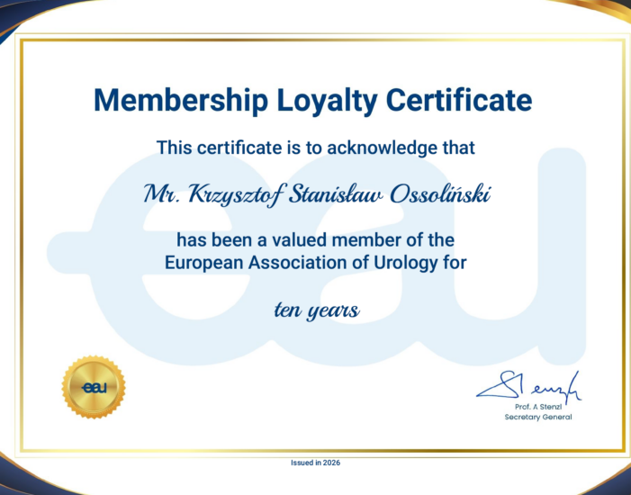 Certyfikat przynależności do organizacji urologicznej